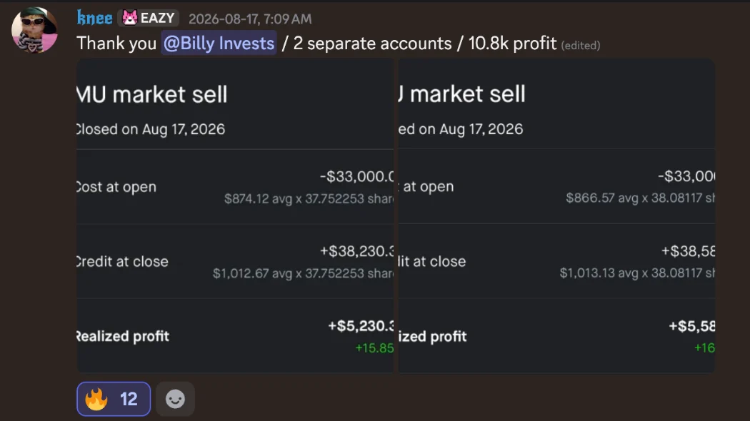 Member win: $10.8K profit on MU across two accounts